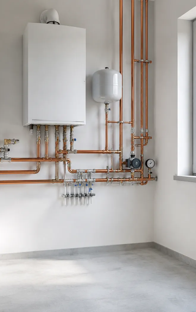 Газовий котел, циркуляційний насос і розводка труб у котельні приватного будинку